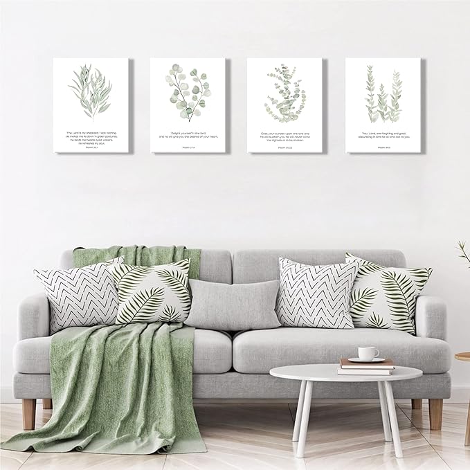 FRAMED Inspirational Scripture Canvas Wall Art,Motivational Christian Wall Art,Bible Verses Wall Decor,Bible Verse Art Prints,Light Green Botanical Painting Picture,Set of 4,8”x 10”