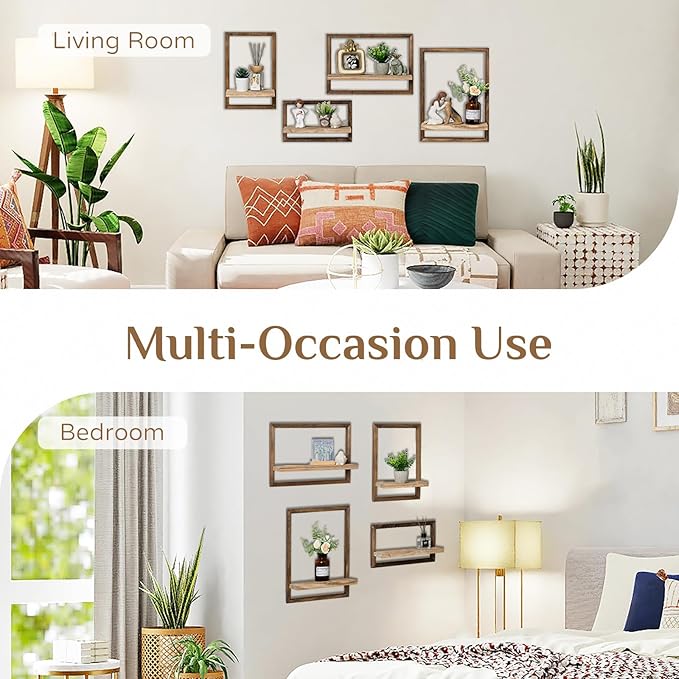 Wood Wall Shelves for Bedroom Farmhouse - Rustic Floating Shelf Decorative Storage Shelving Wall Mounted Decor with Frame for Living Room