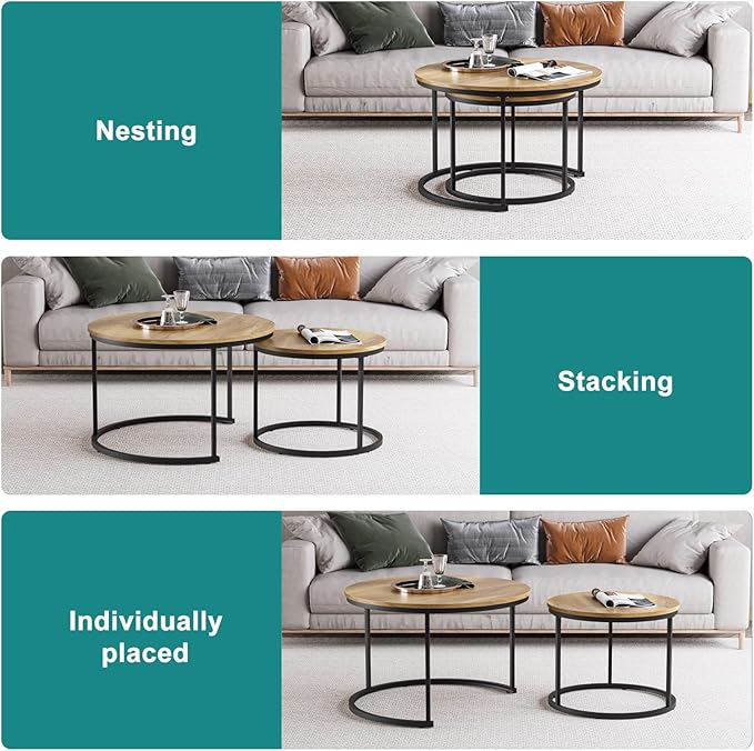 Smuxee Nesting Coffee Table Set of 2, 27.6" Round Coffee Table Wood Grain Top with Adjustable Non-Slip Feet, Industrial End Table Side Tables for Living Room Bedroom Balcony Yard