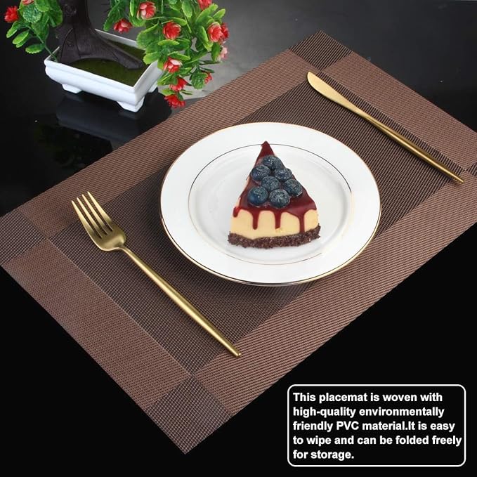 DACHUI Heat-Resistant Placemats Stain Resistant Anti-Skid Washable PVC Table Mats Woven Vinyl Placemats (4pcs, Brown-Cross)