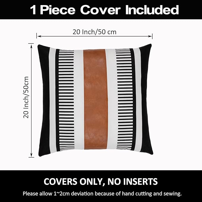 Farmhouse Throw Pillow Covers for Couch Sofa Decorative Faux Leather Square Cushion Cover Tribal Stripe Accent Pillow Case 20 x 20 Inch, Black