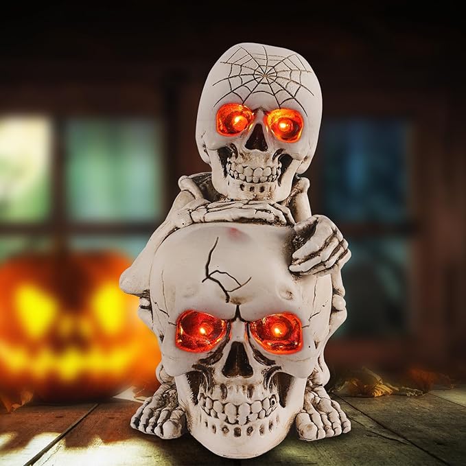 Halloween Skull Decor Resin Skeleton Head Stack Solar Garden Statue Unique Garden Decor for Outside Yard Porch Lawn, Ideal