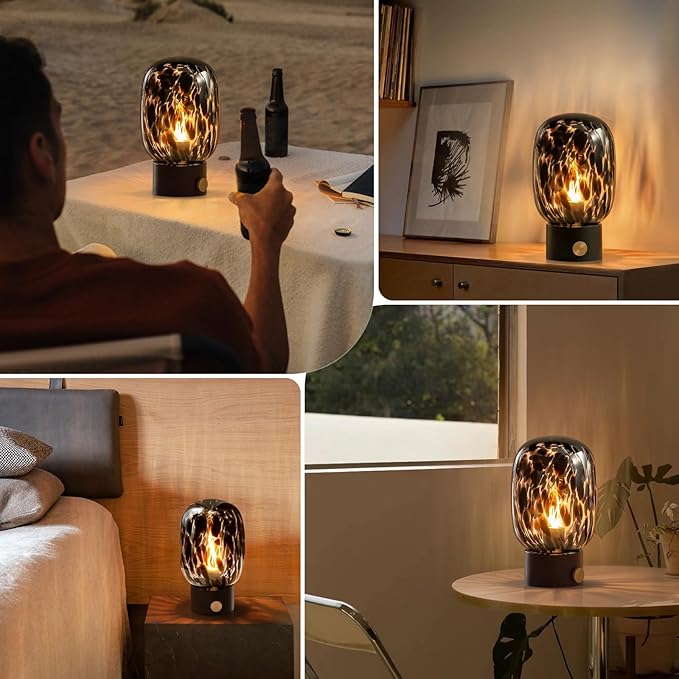ONEWISH Nightstand Table Lamp,Small Vintage Desk Lamp with Bulb,Bedside Lamp Translucent Glass Stepless Dimmable,Murano Aesthetic Home Decor for Bedroom Living Room Kitchen
