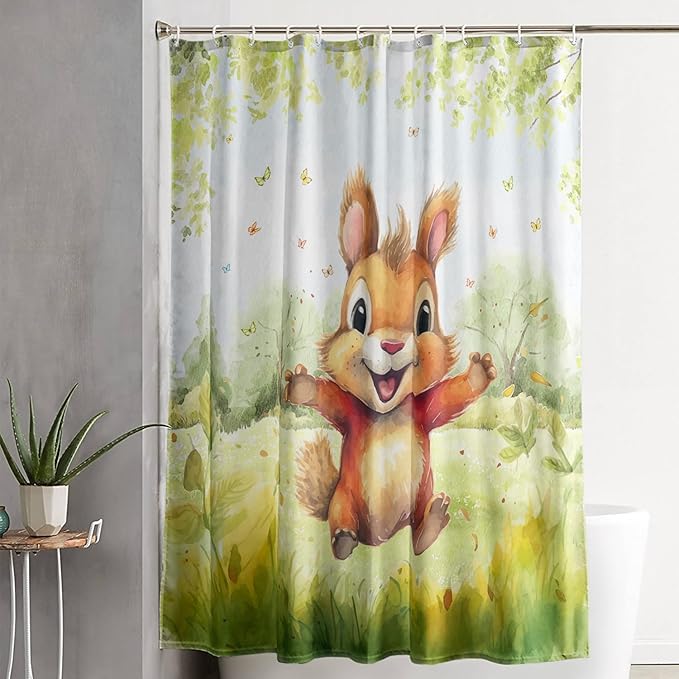 AILONEN Cartoon Cute Squirrel Shower Curtain,Kawaii Squirrel Bathroom Curtains for Kids,Girls,Tie Dye Tree Shower Curtains Set with Hooks for Bathroom,72" W*72" H