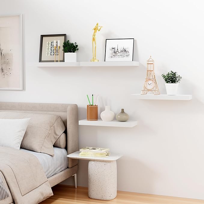 Bellsal Floating Shelves for Wall, White Engineered Wood Wall Shelf Set of 4, 16" Wall Mounted Floating Shelf for Kitchen, Living Room, Bedroom, Bathroom Storage, Book Shelf for Walls Home Decor
