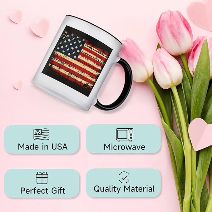 Mugs for Women, Coffee Cups Ceramic Mug, America Flag Vintage Black Tea Cups with Handle for Men, 11.2oz Ceramic Cup for Home Unique Coffee and Tea Mug Aesthetics