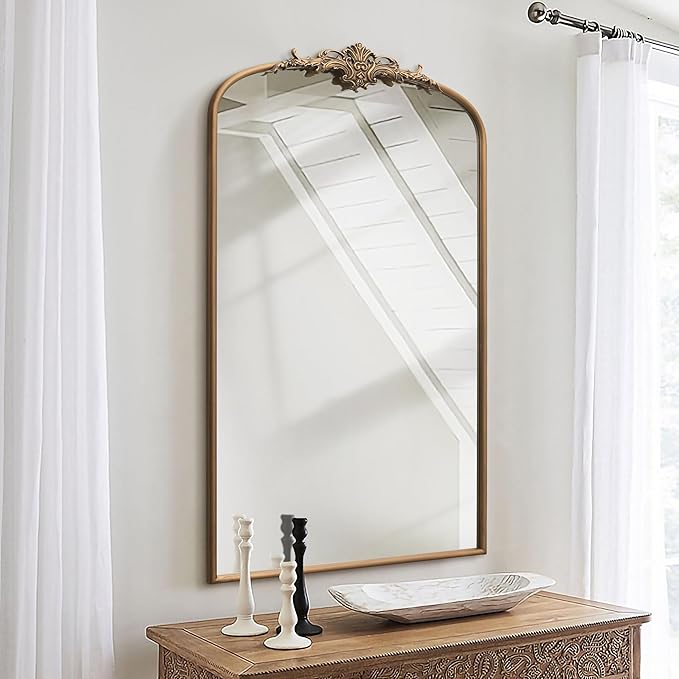 Antaque Baroque Arched Mirror: 24"x42" Gold Vintage Wall Mounted Mirror - Traditional Ornate Metal Frame - Ideal for Entryway/Living Room/Hallway/Bathroom