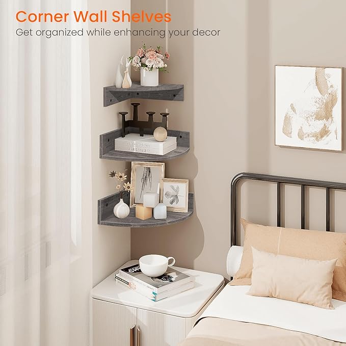 Homode Corner Floating Shelves, Set of 3 Corner Wall Shelves for Storage and Display, 3 Tier Wood Hanging Shelf Organizer for Cable Box, for Bedroom, Bathroom, Kitchen, Rustic Grey