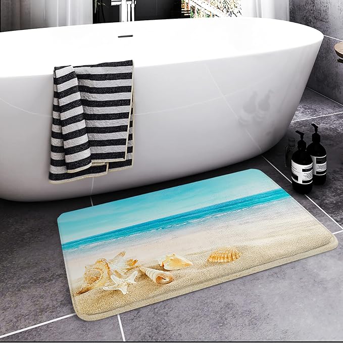 Britimes Bath Mat for Bathroom, Blue Beach Starfish Sea Washable Cover Floor Rug Carpets Floor Mat Bathroom Decorations 16x24 Inches for Kitchen Bedroom Indoor