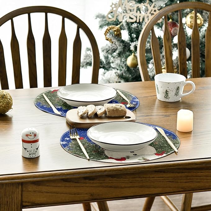Artoid Mode Snowman Trees Snowflakes Blue Christmas Round Placemats Set of 4, 14 Inch Winter Round Table Mats for Dining Decoration