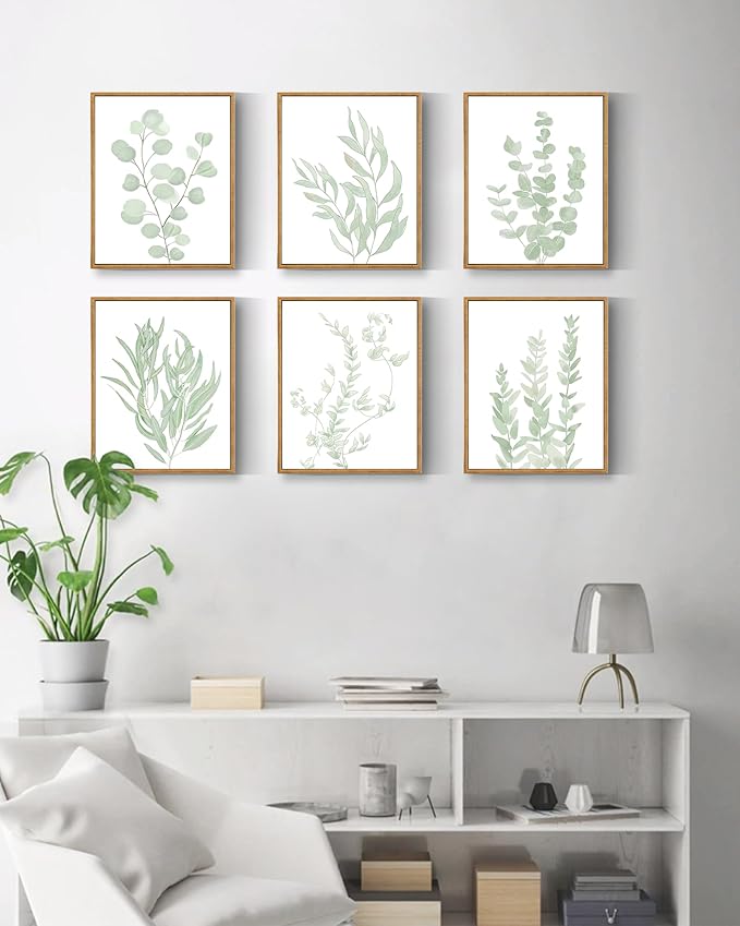 Drsoum Framed Botanical Plant Canvas Wood Wall Art Light Green Sage Wall Decor Eucalyptus Leaf Picture for Bedroom Living Room Bathroom Office 8βx 10β x 6pcs