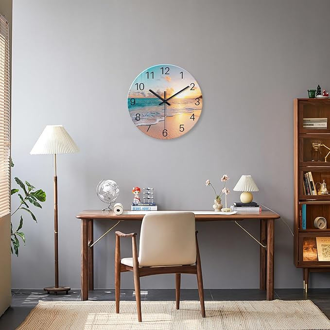 Beach Wall Clock Battery Operated 12 Inch Glass Wall Clock Non Ticking Analog Blue Clock for Bedroom Living Room Office