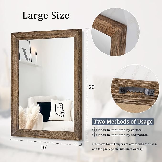 AAZZKANG Rustic Wood Mirror Rectangle Decorative Wall Mirrors with Frame Large 20"x16"for Bedroom Living Room Bathroom Entryway Hanging Brown