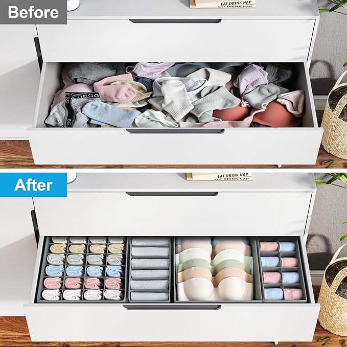 Drawer Organizer Clothes - Foldable Underwear Organizer and Sock Organizer, Bra organizer Fabric Dresser Drawer Organizer Divider for Socks, Bra, Underwear, Tie, 4 Pack, Grey
