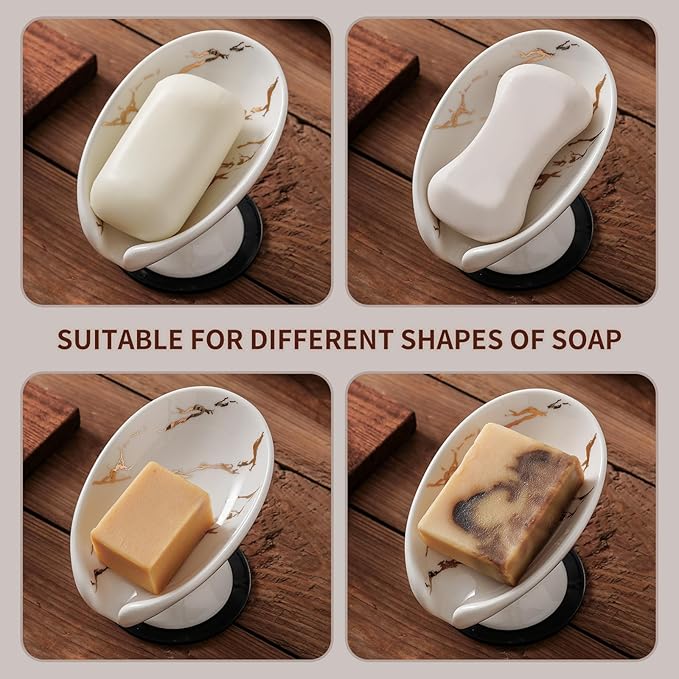 Soap Dish, Soap Holder Self Draining Leaf Shape Soap Dishes,White and Gold Marble Pattern Ceramic Draining Soap Tray for Shower, Bathroom Sink, Kitchen (Small Size-Marble White, 1)
