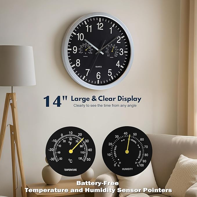 AYRELY® 14 Inch Silent Large Wall Clock with Temperature & Humidity – Battery Operated Decorative Clock for Home, Kitchen, Bedroom (Black, 14 Inch)