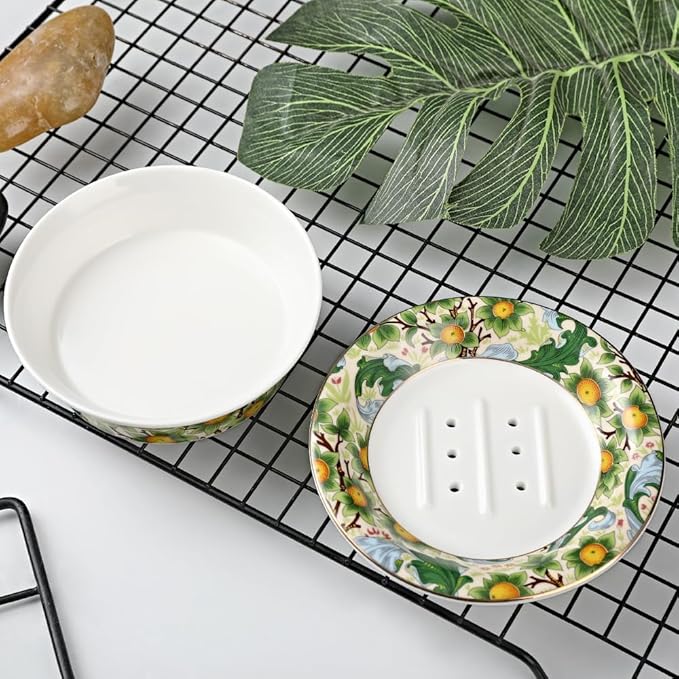 Floral Decorative Self Draining Soap Dish, Double-Layer Round Soap Tray, Vintage Ceramic Soap Dish (Style A)