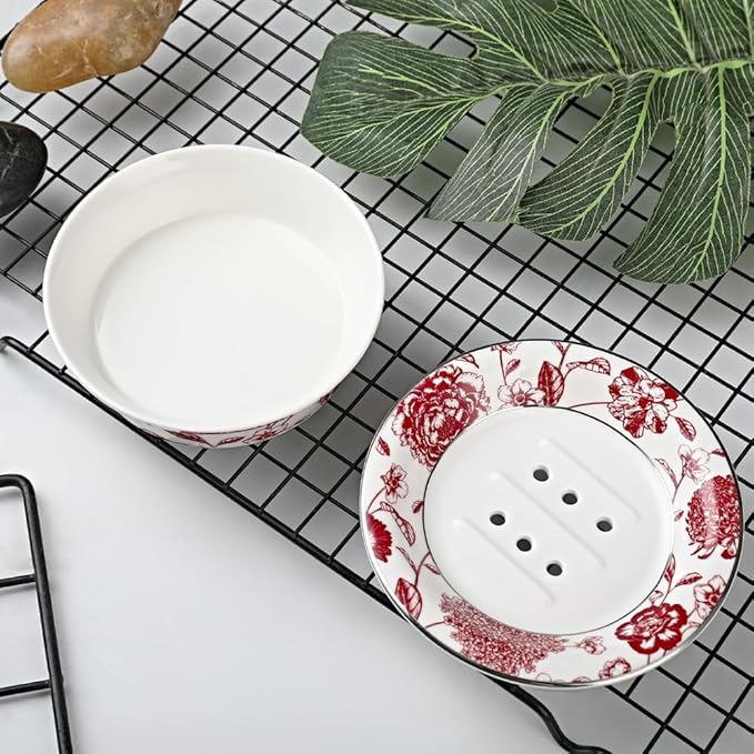 Floral Decorative Self Draining Soap Dish, Double-Layer Round Soap Tray, Vintage Ceramic Soap Dish (Style C)