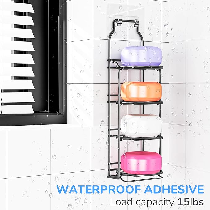 Shower Soap Shampoo Bar Holder, Self Adhesive&Freestanding Draining Soap Caddy for Bathroom Wall Accesories, Apartment Essentials Decor (Black, 4-Tier)