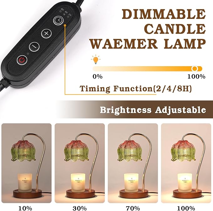Glass Candle Warmer Lamp with Timer, Electric Candle Warmer Lamp, Birthday Gifts for Women, Mom, Female Friend, Flower Candle Lamp Warmer Gifts, Aromatic Candle Warmer Light for Vintage Home Decor