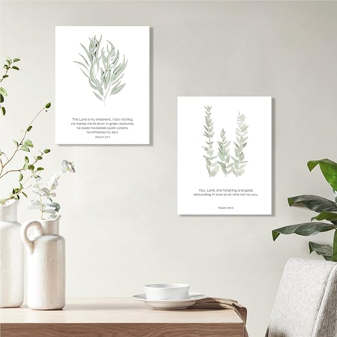 FRAMED Inspirational Scripture Canvas Wall Art,Motivational Christian Wall Art,Bible Verses Wall Decor,Bible Verse Art Prints,Light Green Botanical Painting Picture,Set of 4,8”x 10”