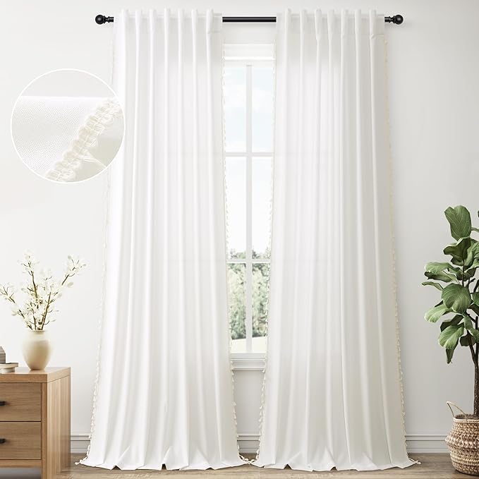 Natural Ivory Linen Curtains 120 Inches Long 2 Panels Boho Farmhouse Semi Sheer Curtains Tassels Back Tab Top Neutral Textured Off White Light Filtering Chic Drapes for Living Room Bedroom 52x120