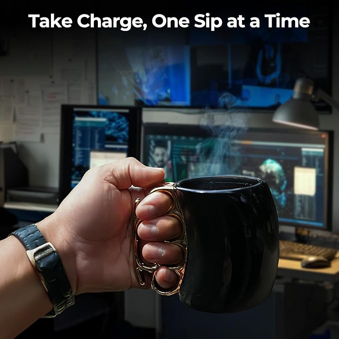 Caliber Gourmet Brass Knuckles Cup - Black and Gold Ceramic Self-Defense Novelty Coffee Mug, Unique Knuckles Mug for Collectors, Perfect Odd Coffee Mug Gift Idea for Christmas, Father's Day & More