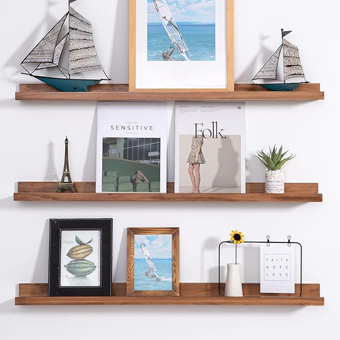 MBYD 36 Inch Photo Picture Ledge Shelf, Light Walnut Floating Wall Nursery Book Shelves Floating Bookshelf for Kids Bedroom Bathroom Kitchen Home Decoration, Set of 3
