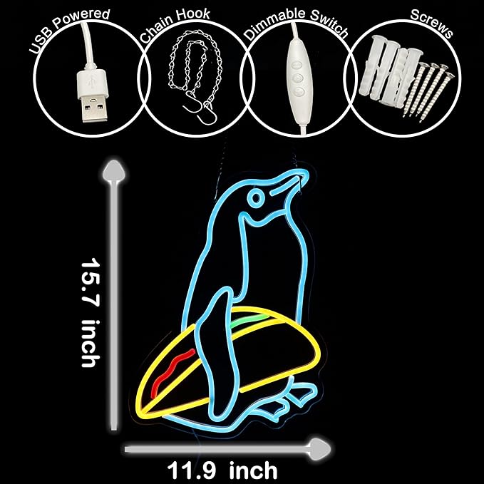 Penguin Tacos Neon Sign Cute Penguin LED Light Up Sign for Nursery Room Wall Decor Man Cave Game Room Penguin Gifts11.9"×15.7"