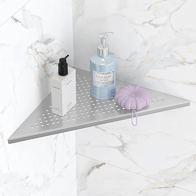 Bathroom Corner Shelf, Recessed 12" Shower Shelf Caddy, SUS304 Stainless Steel Shelf Wall Mount Triangular, No Drilling, Brushed Nickel