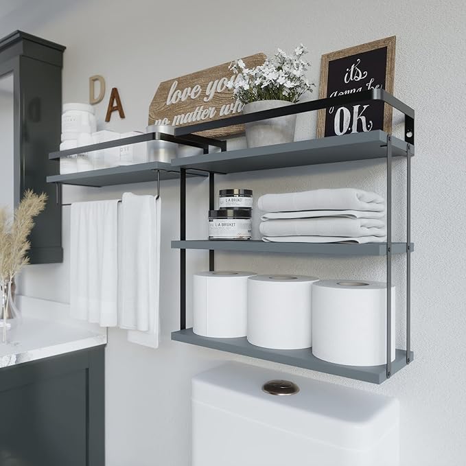 RICHER HOUSE 3+1 Tier Wall Mounted Floating Shelves Set of 2, Rustic Wood Wall Shelf with Metal Frame, Extra Storage Rack for Bathroom, Kitchen, Bedroom with Tissue Rack & Towel Bar - Grey