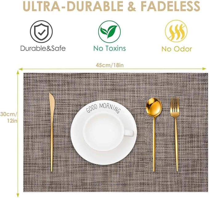 GIVERARE Placemats Set of 4, Heat-Resistant Woven Vinyl Placemat 12x18in, Non-Slip Washable PVC Table Mat, Easy to Clean Premium Plastic Mats for Dining, Kitchen Table (Caramel)