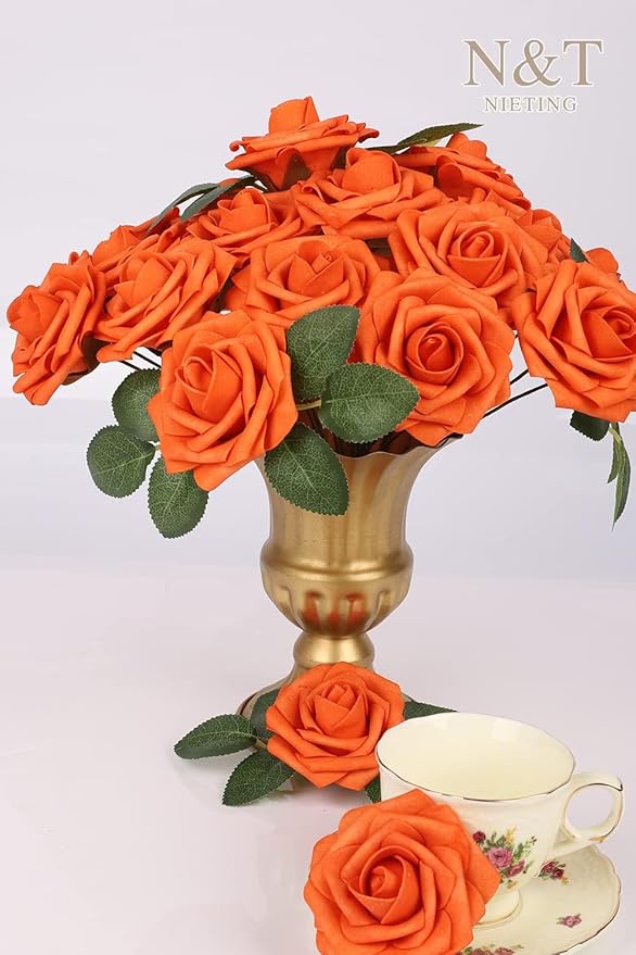 N&T NIETING Artificial Flowers, Fake Flowers Burnt Orange Roses Perfect for DIY Wedding Bridal Bouquets Centerpieces Bridal Shower Party Home Flower Arrangement Decorations, 25Pcs