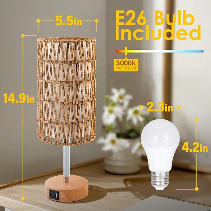 Yarra-Decor Bedside Lamp with USB Port - Touch Control Table Lamp for Bedroom (Rattan2)