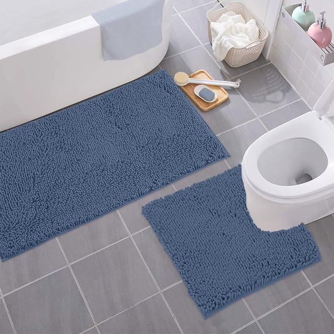 Bathroom Rugs Sets 2 Piece, Luxury Chenille Bath Mat Set, Soft Plush Anti-Slip Bath Rug + U-Shaped Toilet Mat. Microfiber Shaggy Carpet, Super Absorbent (24” x 36” & 20” x 24” U, Medium Blue)