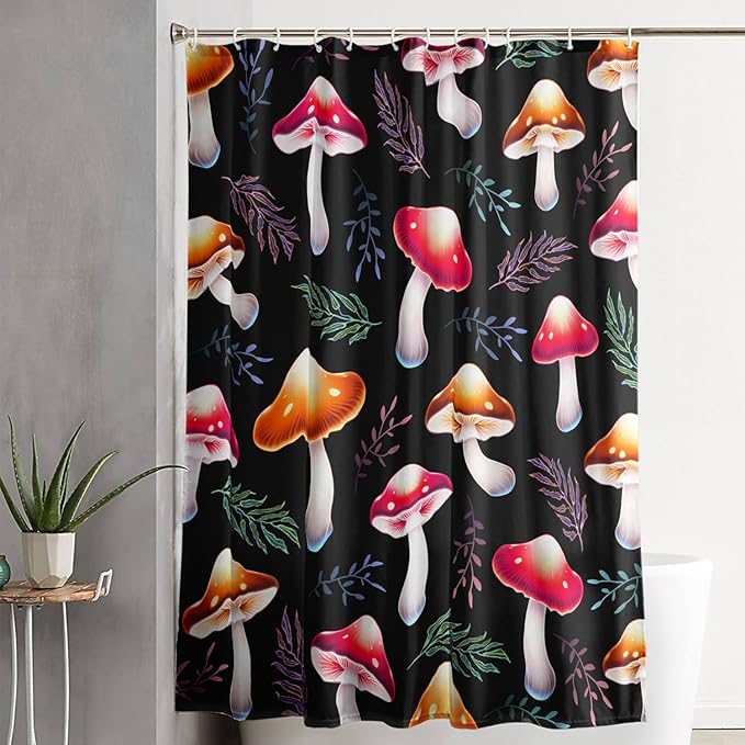 AILONEN Cartoon Mushroom Shower Curtain,Cute Red Mushroom Waterproof Fabric Bath Curtain for Kids Girls Boys,Natural Fungal Plants Shower Curtain Set for Bathroom 36" W*72" H