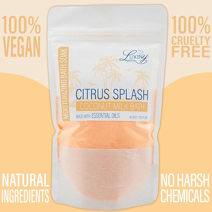 Vegan Milk Bath Soak Made with Moisturizing Coconut Milk Powder, Essential Oil, & Sweet Almond Oil for Bath Bomb Dust Soothing Fizz & Relaxing Soak, 8 oz. (Citrus Splash)