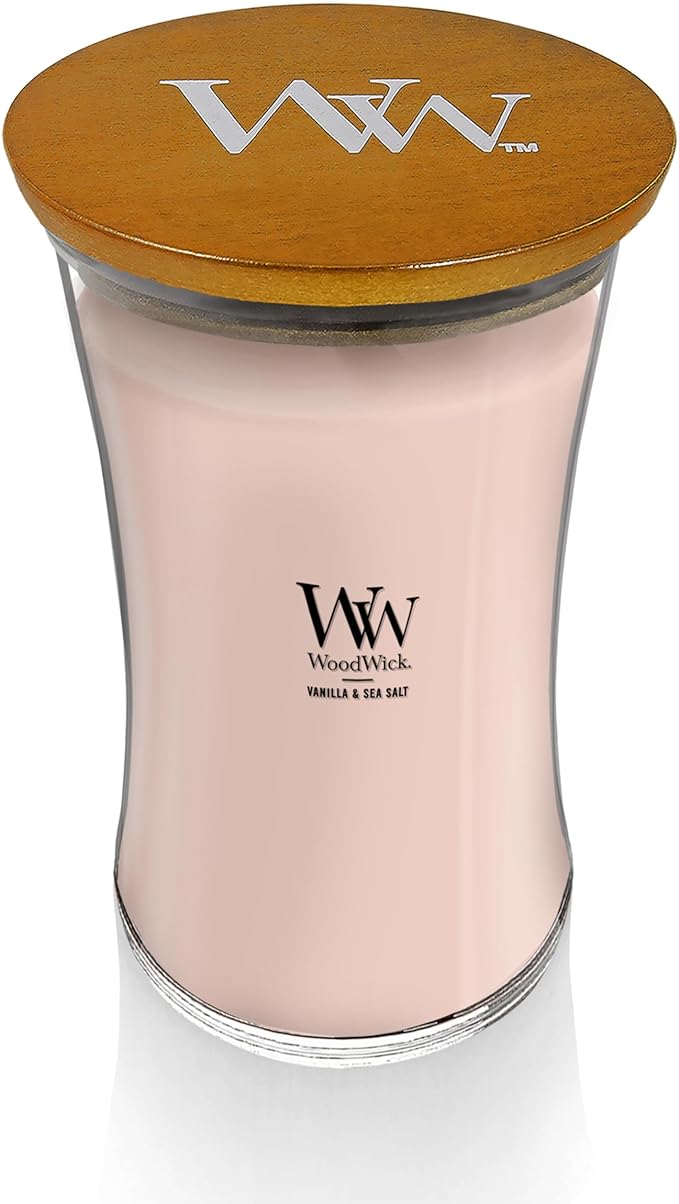WoodWick Large Hourglass Candle, Vanilla Sea Salt Scented, Premium Soy and Paraffin Wax Blend, Crackles as it burns, Great for gifting, 21oz