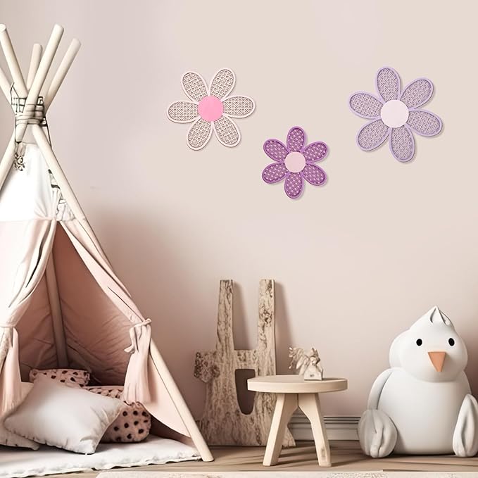 Maitys 3 Pieces Boho Daisy Wall Decor Natural Rattan Flower Wall Hanging Art Wooden Boho Art Nursery Flowers Farmhouse Hanging Decor for Home Office Nursery(Pink, Purple)