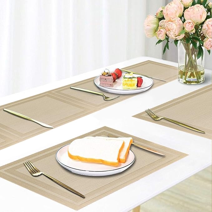 Placemats with Table Runner Set Place Mats, Woven Crossweave Vinyl Kitchen Tablemat, Washable PVC Vinyl Table Mats for Dining Table, Parties, Farmhouse, Thanksgiving, Christmas & Gathering (Gold)