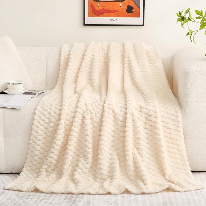 Puncuntex Cream White Throw Blanket 108"×90" inches Fuzzy 3D Jacquard Decorative Flannel Fleece Super Soft Plush Cozy Blanket for Couch Sofa Chair Lightweight