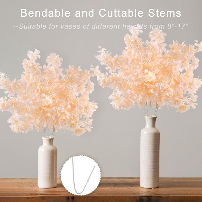 Pusuny Artificial Faux Cherry Blossom Branches Decor, 35 Inch for Tall Floor Vase Used as Wedding Home Decoration, Fake Flowers for Dinner Table Centrepiece, Champagne, 5PCS