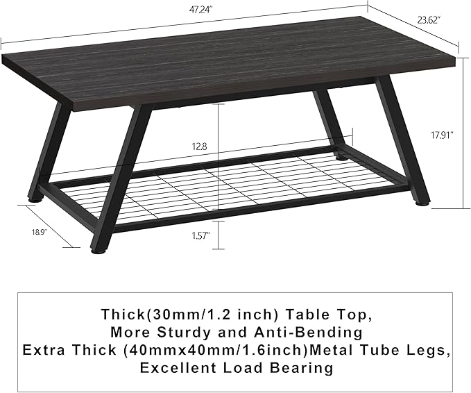 Tohomeor 2-Tier Industrial Coffee Table Mnimalist Vintage Farmhouse Wooden and Metal Living Room Coffee Table with Storage Shelf Accent Furniture (Charcoal Black)