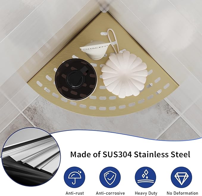 Corner Shower Shelves 304 Stainless Steel Brushed Gold 8in Corner Shower Shelf Drilling Installation Strong Load-Bearing Capacity