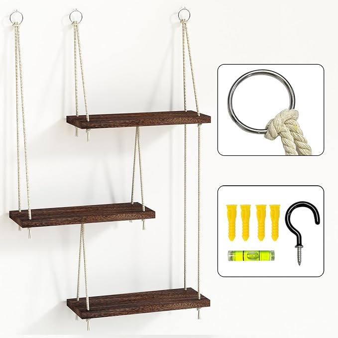 Fixwal Hanging Shelves for Wall, 3 Tier Boho Wall Decor Hanging Plant Shelf Floating Shelves Rope Rustic Wood Organizer Storage Hanger Rack for Aesthetic Home Bedroom Kitchen Bathroom - Dark Brown