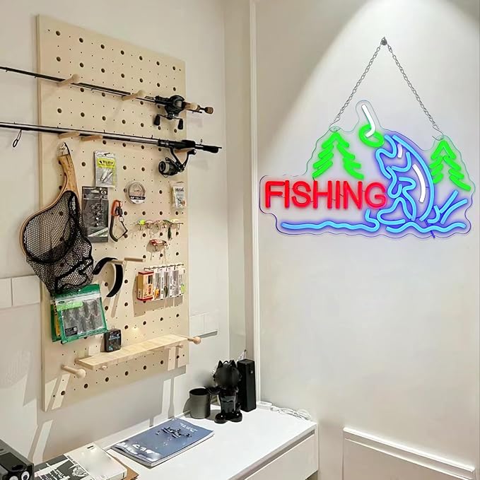 Fishing Neon Sign for Wall Decor, Fish Led Signs for Room, USB Dimmable Neon Lights for Fishing Gear Store Man Cave Bedroom Living Room Game Room Man Cave Party Business Yacht Sign
