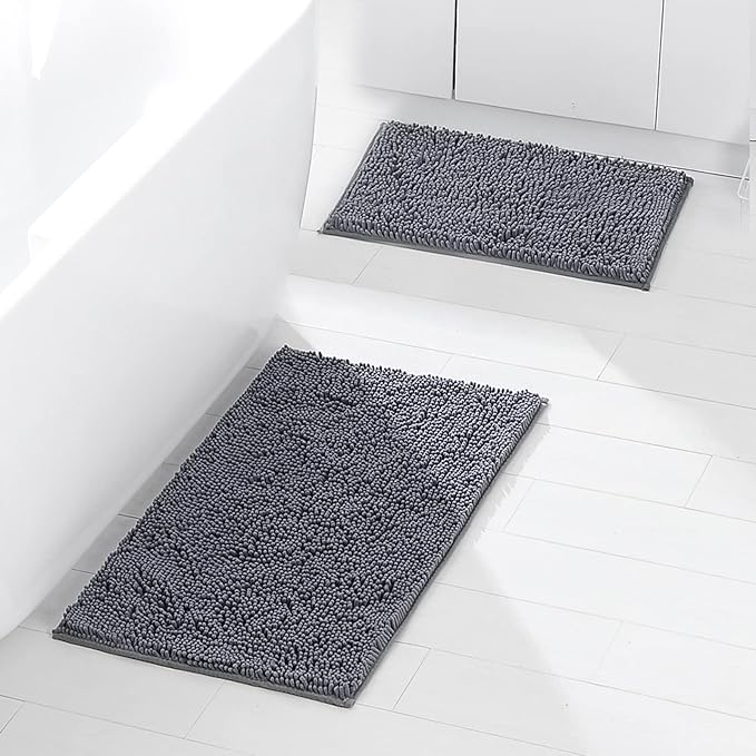 ZiYiJuan Bathroom Rugs, Super Absorbent Luxury Shaggy Chenille Bath Mats, (Light Gray,17x24+20x32(in)