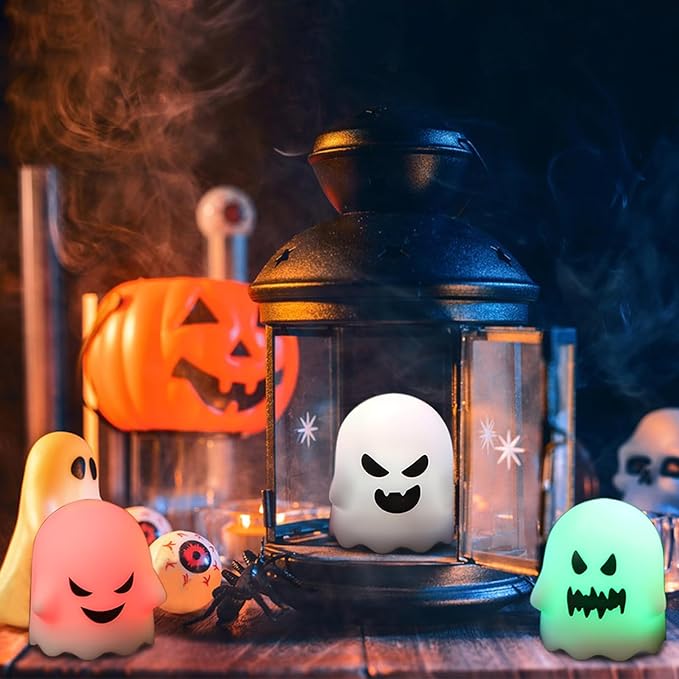 DRomance Ghost Flickering Flameless Candles Battery Operated with Remote and Timer 6 Pack Color Changing Light Spooky White LED Tea Lights Candles Halloween Indoor Decoration Gifts(2 x 2.4 Inches)