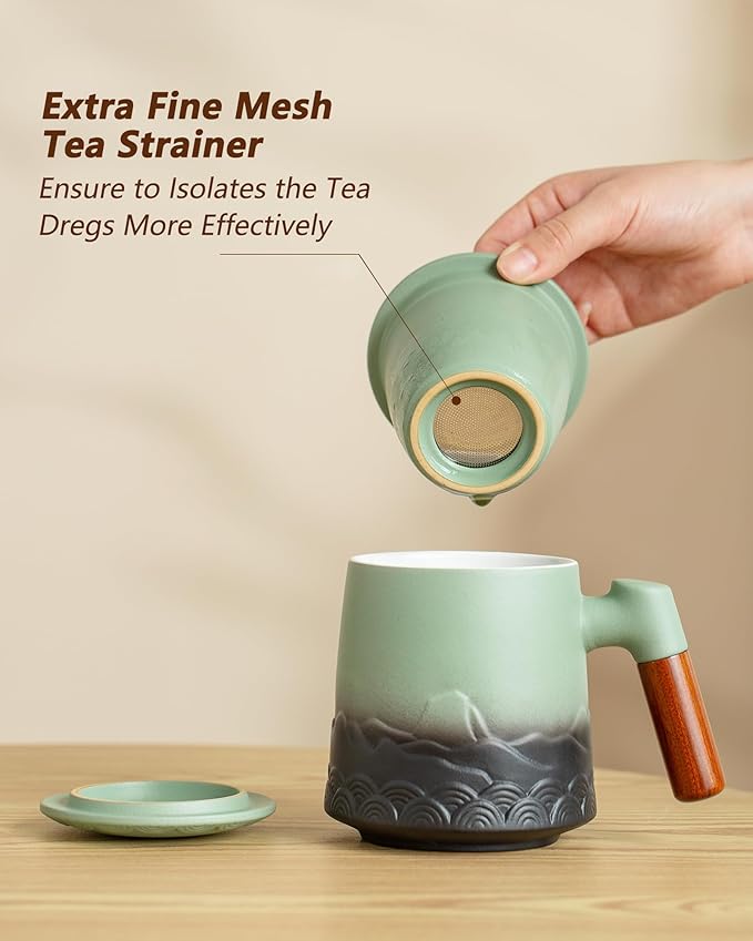 ZENS Tea Mug with Infuser and Lid for Loose Leaf Tea Steeper, 16.9 oz Embossed Ceramic Tea Cup with Fine Strainersand Wood Handle,Tea Diffusers Accessories for Tea Lovers Gifts
