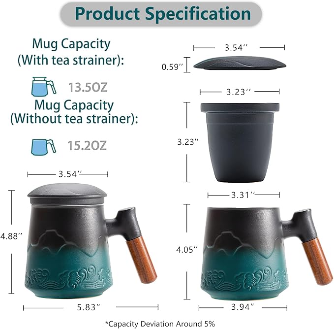 ZENS Tea Cup With Infuser and Lid for Loose Leaf Steeper, 15.2 oz Embossed Ceramic Mug With Fine Strainers, Wood Handle Large Diffusers, Accessories for Tea Lovers Gifts